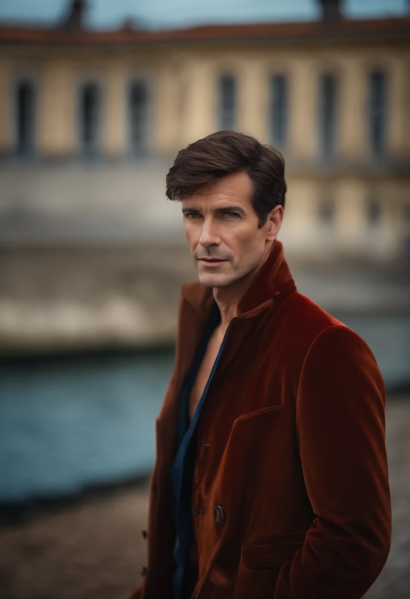Un homme en rouge, Le style de Patrick Demarchelier. Dressed in a red velvet jacket and blue jeans , Grand et en forme, (40 years old:1.3), (shaven:1.2), (short brown hair:1.5),(very short hair:1.6). in the style of ethereal beauty, Realistic blue sky, Hasselblad 1600F, Hyper-realistic portrait, couleurs vives, Lignes dynamiques, lisse et poli .