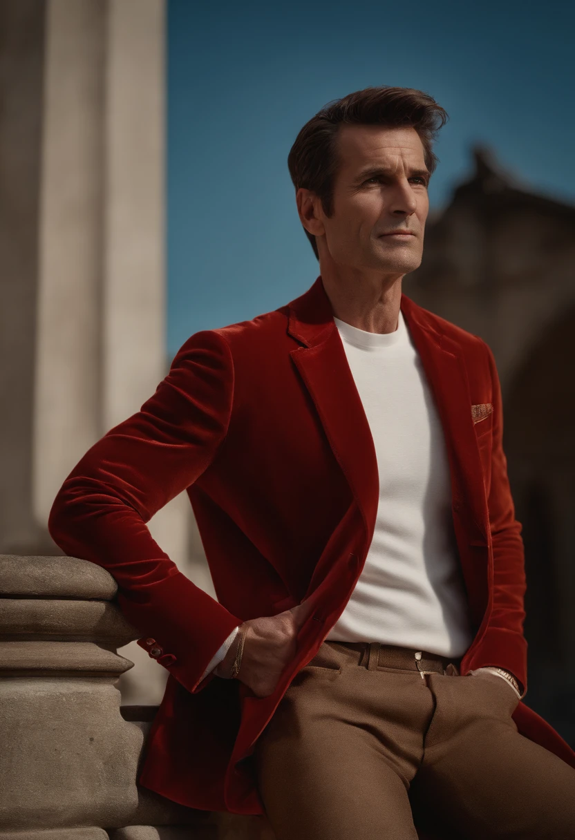 Un homme en rouge, Le style de Patrick Demarchelier. Dressed in a red velvet jacket and blue jeans , Grand et en forme, (40 years old:1.3), (shaven:1.2), (short brown hair:1.5),(very short hair:1.6). in the style of ethereal beauty, Realistic blue sky, Hasselblad 1600F, Hyper-realistic portrait, couleurs vives, Lignes dynamiques, lisse et poli .