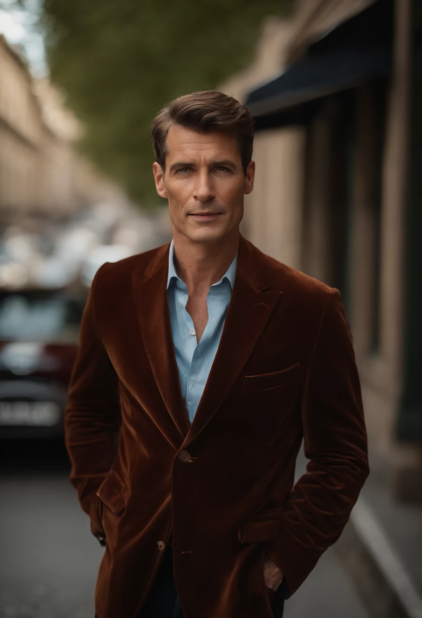 Un homme en rouge, Le style de Patrick Demarchelier. Dressed in a red velvet jacket and blue jeans , Grand et en forme, (40 years old:1.3), (shaven:1.2), (short brown hair:1.5),(very short hair:1.6). in the style of ethereal beauty, Realistic blue sky, Hasselblad 1600F, Hyper-realistic portrait, couleurs vives, Lignes dynamiques, lisse et poli .