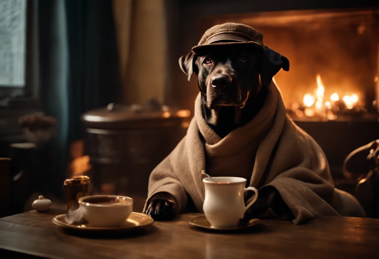 (best quality:1.23), (masterpiece:1.12), (realistic:1.24), (anthropomorphic dog:1.5) holding a coffee cup, sitting, in a robe, eating breakfast and holding a coffee cup, hat, particles, volumetric lighting, room burn down, ground and chair on fire, lots of gadgets and equipment on fire, smoke, (flames all around:1.2),