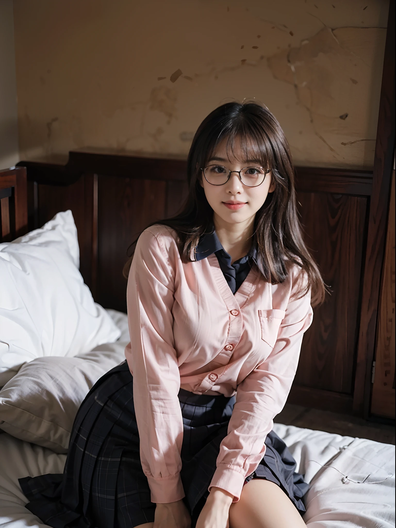 masutepiece, Best quality, japanaese girl, A smile、8K, RAW photo, top notch quality, masutepiece, NFFSW:1.2, Particularly detailed RAW color photos, Professional-grade photos, (Realistic, Photorealistic:1.37), (highly detailedskin:1.2), Ultra-high resolution, (Lenze 50 mm), (masutepiece, top-quality:1.3), (Ultra-detailed 8k CG:1.2), (hyper realisitc:1.35), (Photorealistic:1.45), (Realistic:1.4), Cowboy shot,
((In a dimly lit room))1 Beautiful Japanese girl, age 22, super model, Japanese idol, __expression__, (Medium-sized round breasts), (Sit on the sofa or bed1:1), (school uniform:1.4), The girl looks shy and shy,(Glasses with contoured faces)
Korean Idol、乃木坂アイドル、hposing Gravure Idol、Adults、女優()