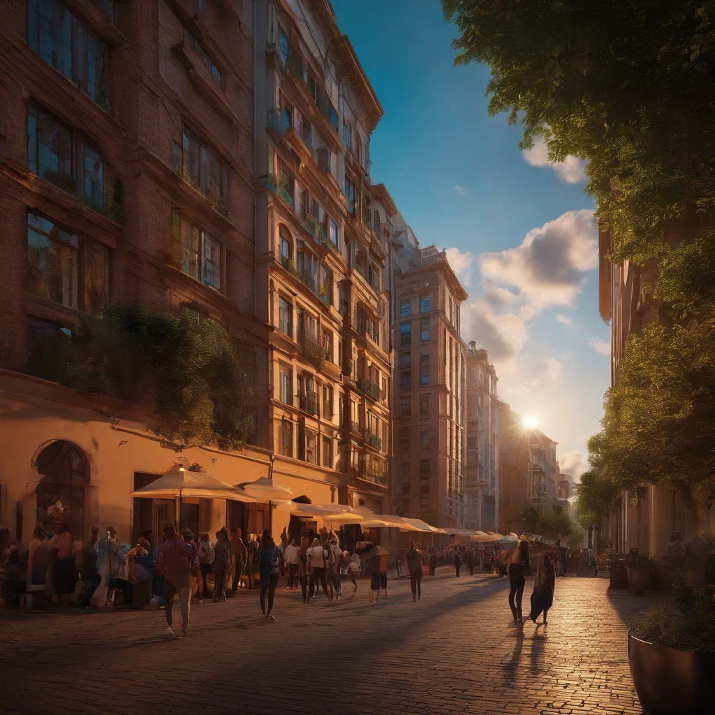 urban buildings,(A group of people are watching the sky:1.3),in a panoramic view,(plethora of colors,Best quality,high detal,tmasterpiece,cinmatic lighting,4K,Chiaroscuro)