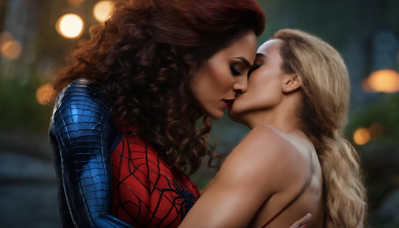 Spider woman kiss MJ lesbian, realistic, 8k, hdr, romantic
