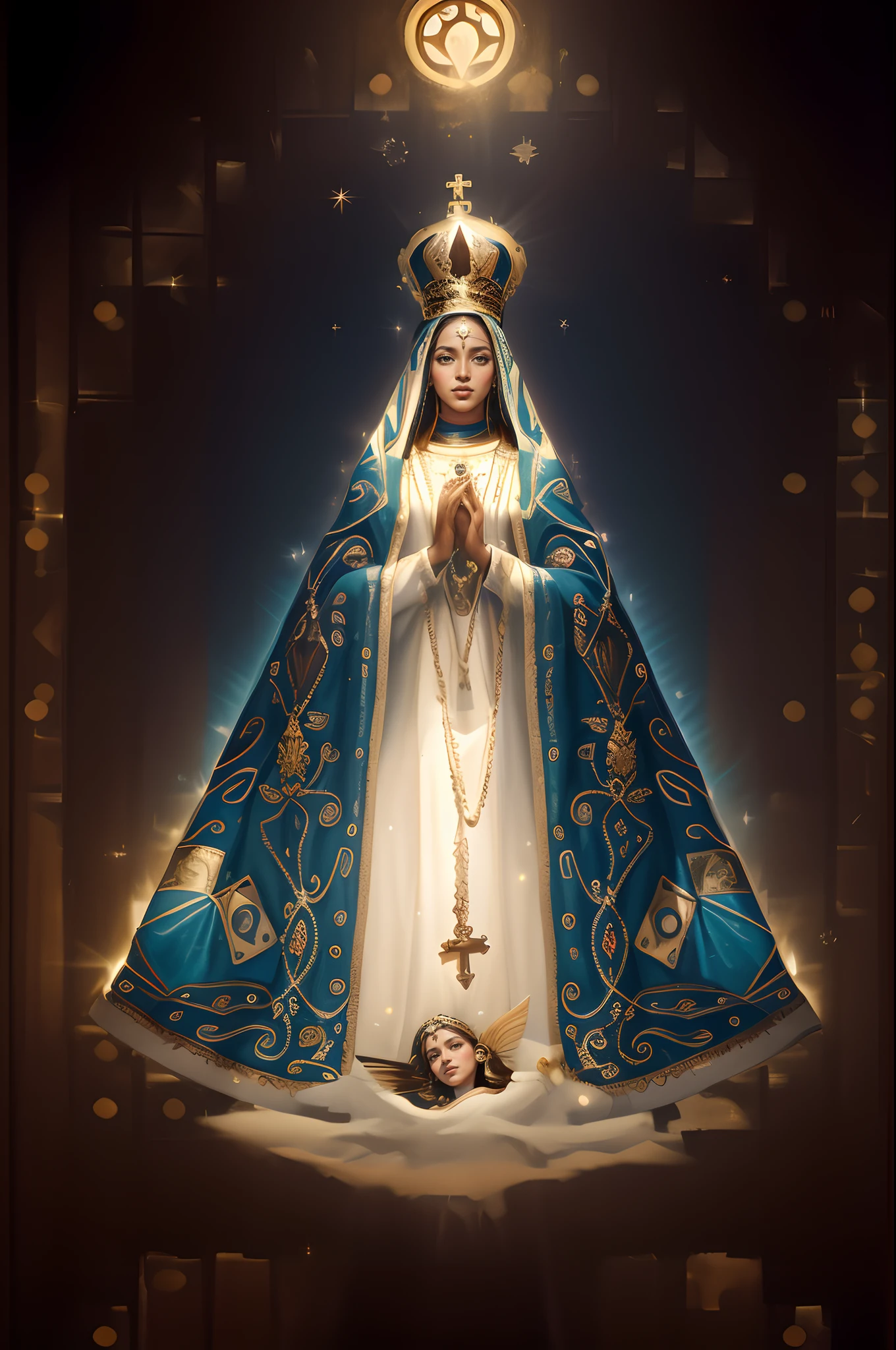 Uma pintura da Virgem de Guadalupe, queen of heaven, padroeiro do 🛸🌈👩🏾, jayson tatum as mother mary, majestosa mulher de santo, Virgem Maria, catholic icon, Catholic, santa mulher, Holy, imagem do avatar, Directed by: Derek Zabrocki, roman catholic icon, Iconografia religiosa, beyonce as the pope, Directed by: Nikita Veprikov, religión