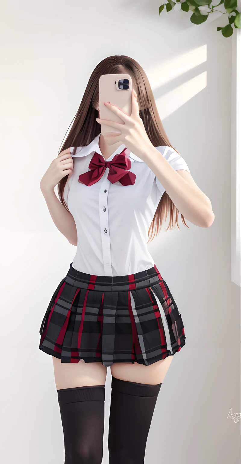 Araffed woman taking a selfie wearing a skirt and bow tie, Surrealism female students, Surrealism female students, Realistic schoolgirl, Anime girl in real life, dressed as schoolgirl, thicc, hyperrealistic full figure, JK school uniform, cute female student, photorealistic perfect body, Open V chest clothes, realistic dress, realistic shadow perfect body, Casual pose