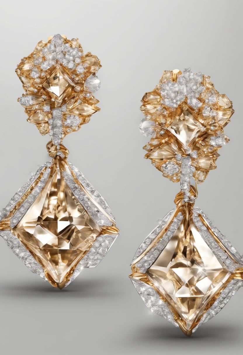 Diamond earrings isolated on white background, In the style of trompe l'oeil fold, Light brown and gold, Radiation cluster, Theatrical gestures, recycle, by Tooth Wu, contrasting