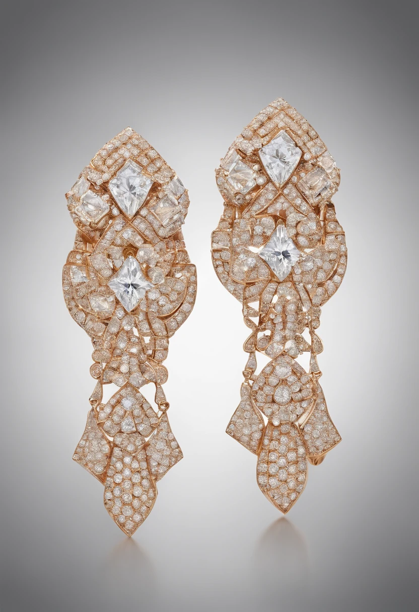 Diamond earrings isolated on white background, In the style of trompe l'oeil fold, Light brown and gold, Radiation cluster, Theatrical gestures, recycle, by Tooth Wu, contrasting