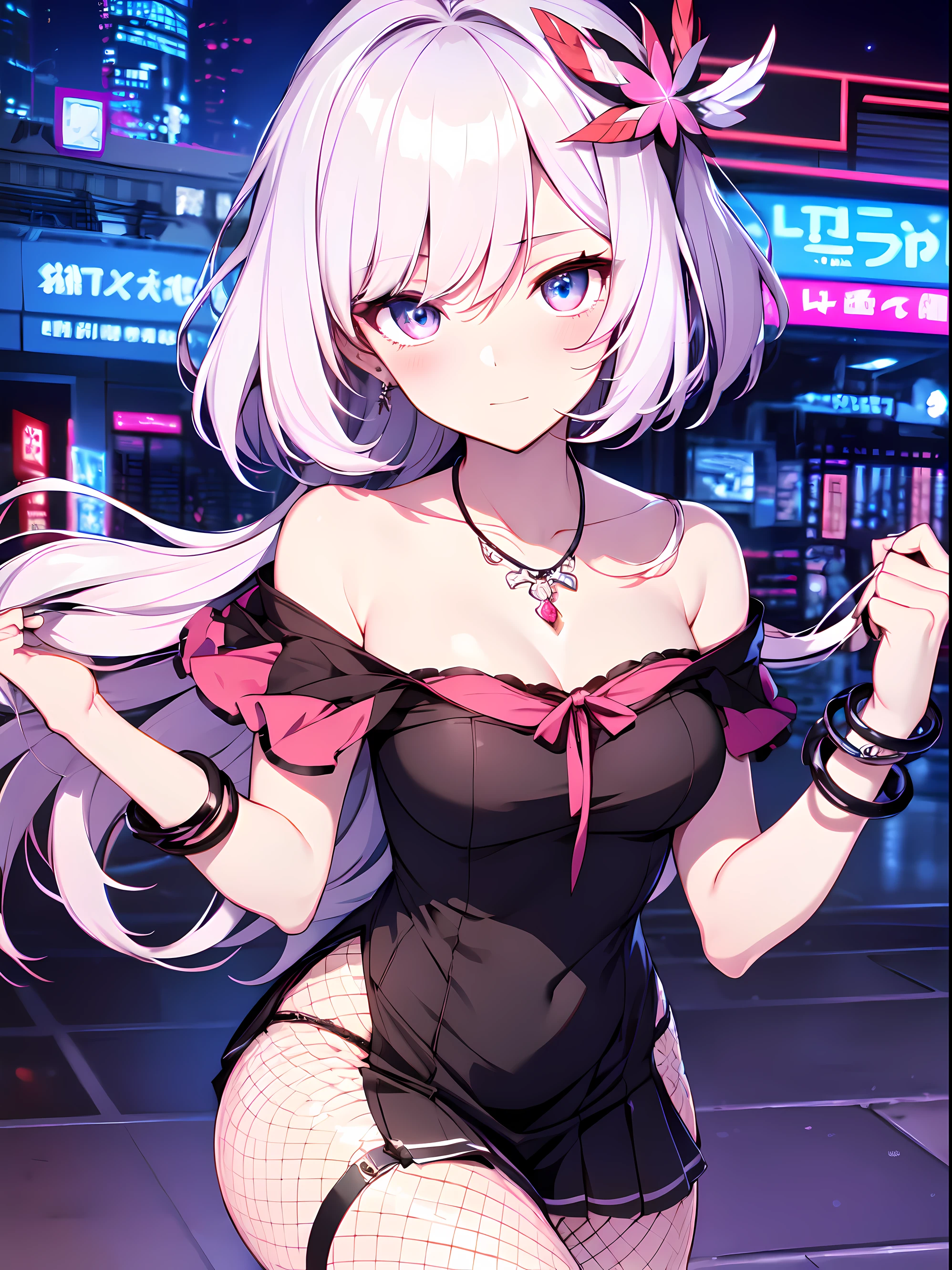 ((masterpiece)), ((Best Quality)), anime style, 1girl, solo, The most detailed skin, Off-shoulder top, short pleated skirt, lace garter belt, fishnet tights, ankle boots, simple silver necklace, silver bangle on the wrist, //, Stunned expression, Girl with troubled face, Ecstasy, (sexual expression), smile, blush, Red face, //, large breasts, voluptuous body, //, Short cut, hair, pink and white ombre hair color, (beautiful eyes), white skin, //, City intersection, neon lights with night sky, (thick lines:1.2)