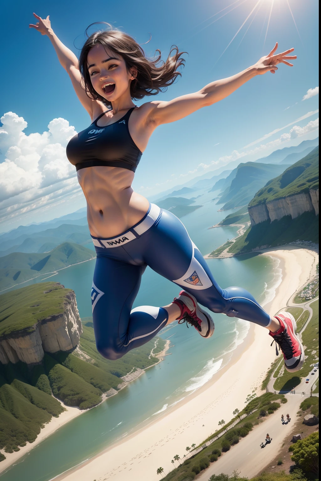 Uma pessoa no topo de uma montanha, with open arms and victorious attitude. The mood of this scene is sunny and the view is beautiful.
