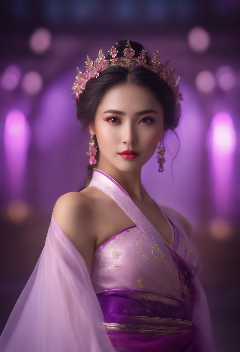 Una chica china guapa, ojos agudos, rasgos faciales claros, usando Hanfu, Postura de combate, Movimientos de artes marciales, Body surrounded by purple mist, runas alrededor, Holographic reality, Holographic halo, Desenfoque de movimiento, Efectos de luz del juego, Luz de borde, Luz suave, Movie edge light, Luz delicada, Obra maestra, Super detailed, epic composition, Super HD, alta calidad, highest qualityr, 32K