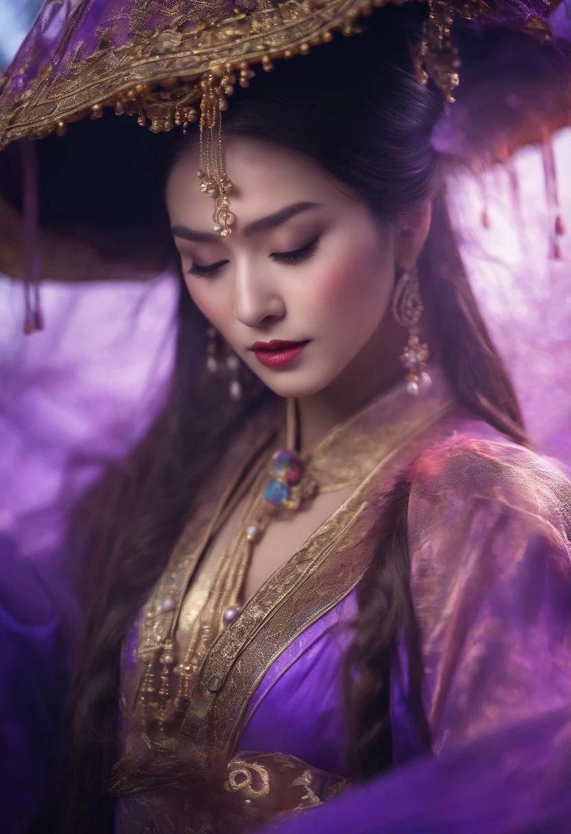 Una chica china guapa, ojos agudos, rasgos faciales claros, usando Hanfu, Postura de combate, Movimientos de artes marciales, Body surrounded by purple mist, runas alrededor, Holographic reality, Holographic halo, Desenfoque de movimiento, Efectos de luz del juego, Luz de borde, Luz suave, Movie edge light, Luz delicada, Obra maestra, Super detailed, epic composition, Super HD, alta calidad, highest qualityr, 32K