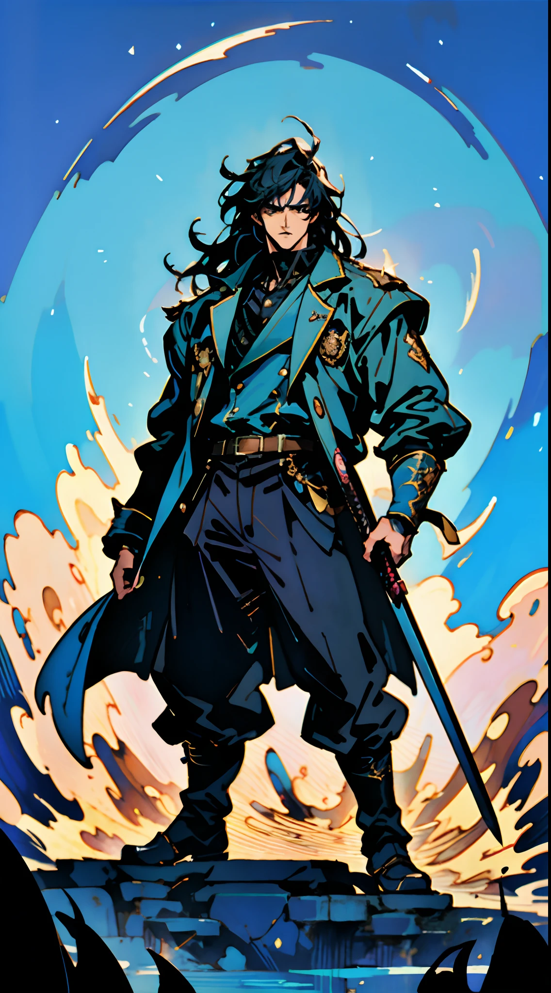 A young man with deep blue long hair, cold and resolute eyes, a slender face, handsome features, stands tall in front of a decrepit ancient city under the night sky, exudes a dignified demeanor, he wears a two-piece Western-Eastern hybrid black suit coat, matching black trousers, in each hand he holds a curved longsword emitting a faint, hazy blue glow that illuminates the surroundings, this character embodies a finely crafted fantasy-style swordsman design in anime style, characterized by a sophisticated and mature manga illustration art style, full body character drawing, high definition, best quality, highres, ultra-detailed, ultra-fine painting, extremely delicate, professional, anatomically correct, symmetrical face, extremely detailed eyes and face, high quality eyes, creativity, RAW photo, UHD, 8k, Natural light, cinematic lighting, masterpiece:1.5