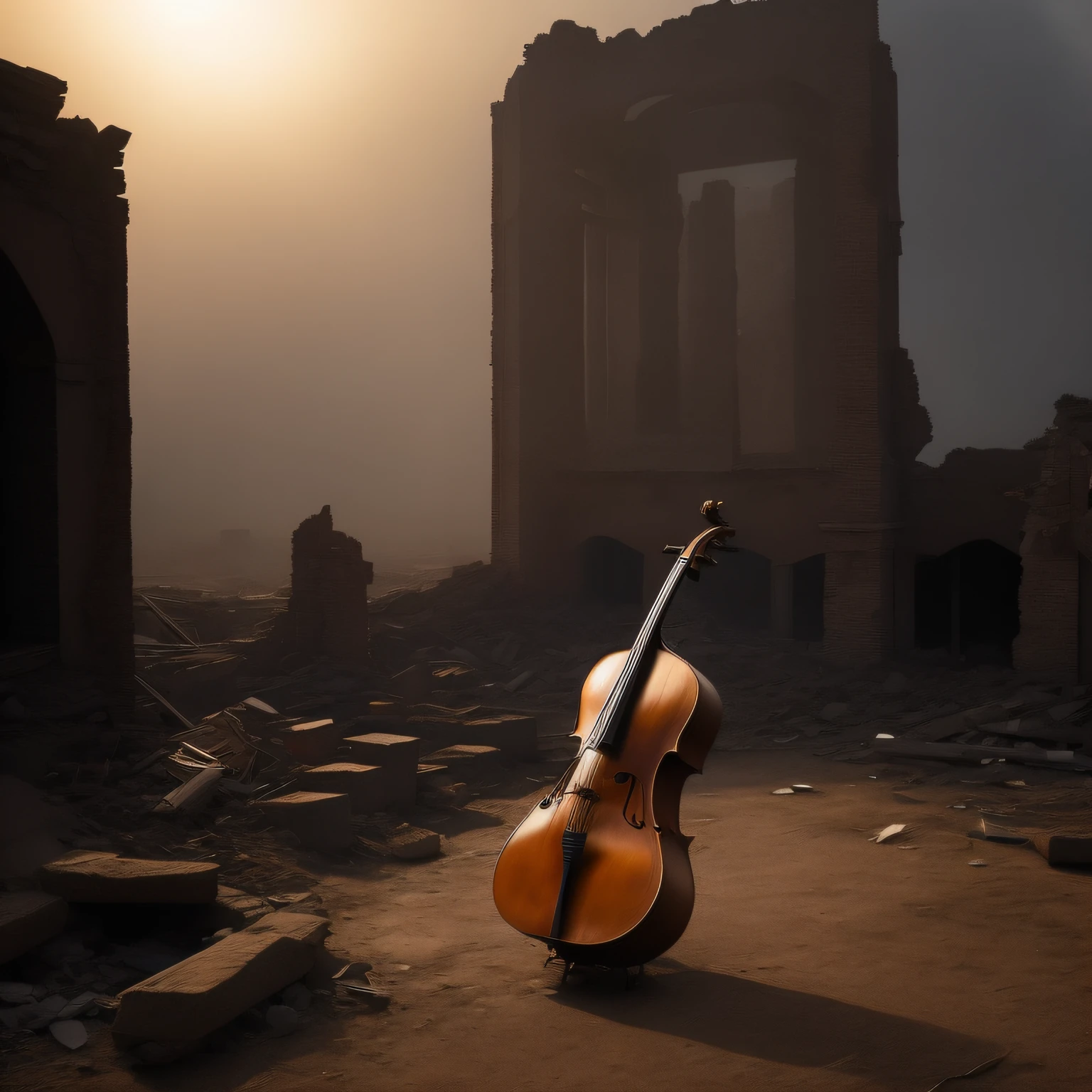 In a desolate city scarred by war, remnants of once majestic buildings stand silent. Amidst the ruins, an unexpected melody pierces the stillness: an elderly man, deeply immersed, plays a cello. Each note is a whisper of stories past, echoing tales of love, loss, and resilience. Though surrounded by devastation, his music is a beacon of hope, a powerful testament to the human spirit's indomitable will. This poignant scene captures the essence of perseverance, as even in the darkest times, beauty and hope can emerge, resonating and inspiring all who witness it.
