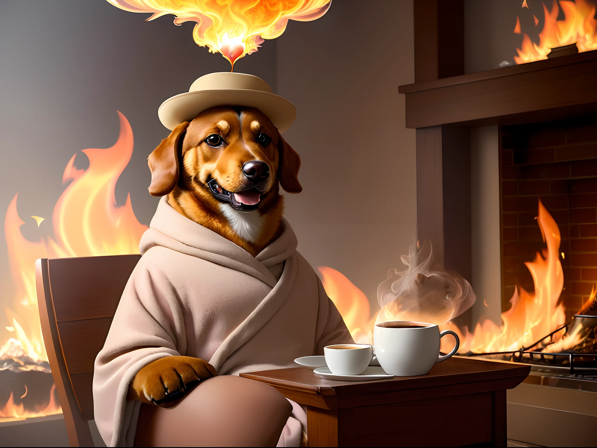 (best quality:1.23), (masterpiece:1.12), (realistic:1.24), (anthropomorphic dog:1.5) holding a coffee cup, sitting, in a robe, eating breakfast and holding a coffee cup, hat, particles, volumetric lighting, room burn down, ground and chair on fire, lots of gadgets and equipment on fire, smoke, (flames all around:1.2),