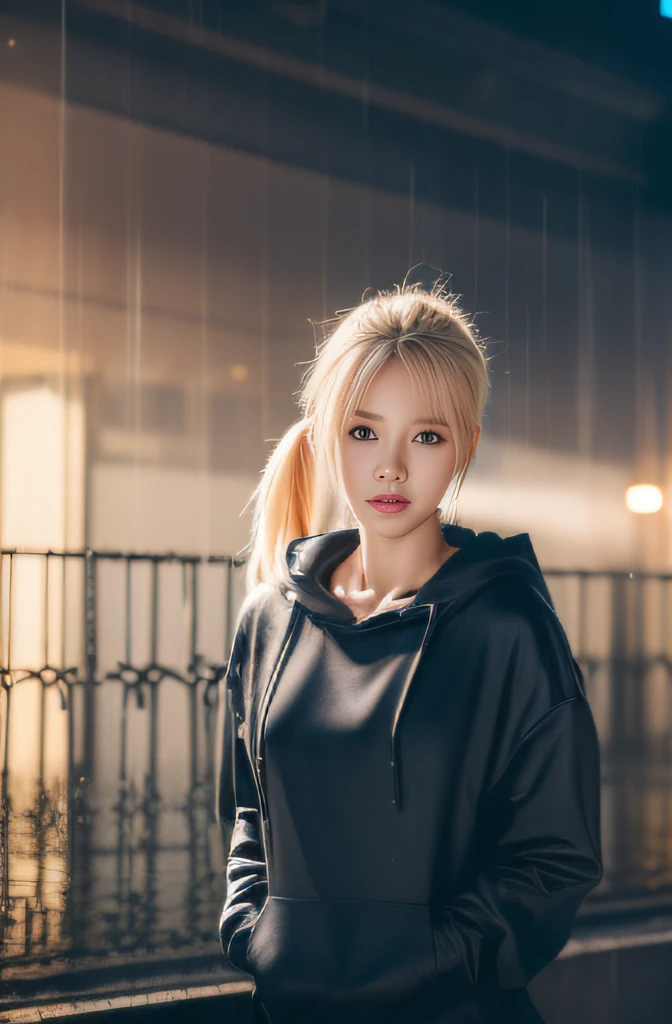 (masterpiece, top-quality:1.3), (Ultra detailed 8K cg:1.2), (hyper realisitic:1.35), (Photorealistic:1.45), (Realistic:1.4), Japanese famous actress, blond hair, Ponytail, Black Gal, flat chest, (gal make:1.4), (Looking at Viewer), Dynamic lighting, (Fancy hoodies), Hot Pants, (mist water), (hard rain:1.2), (downtown),