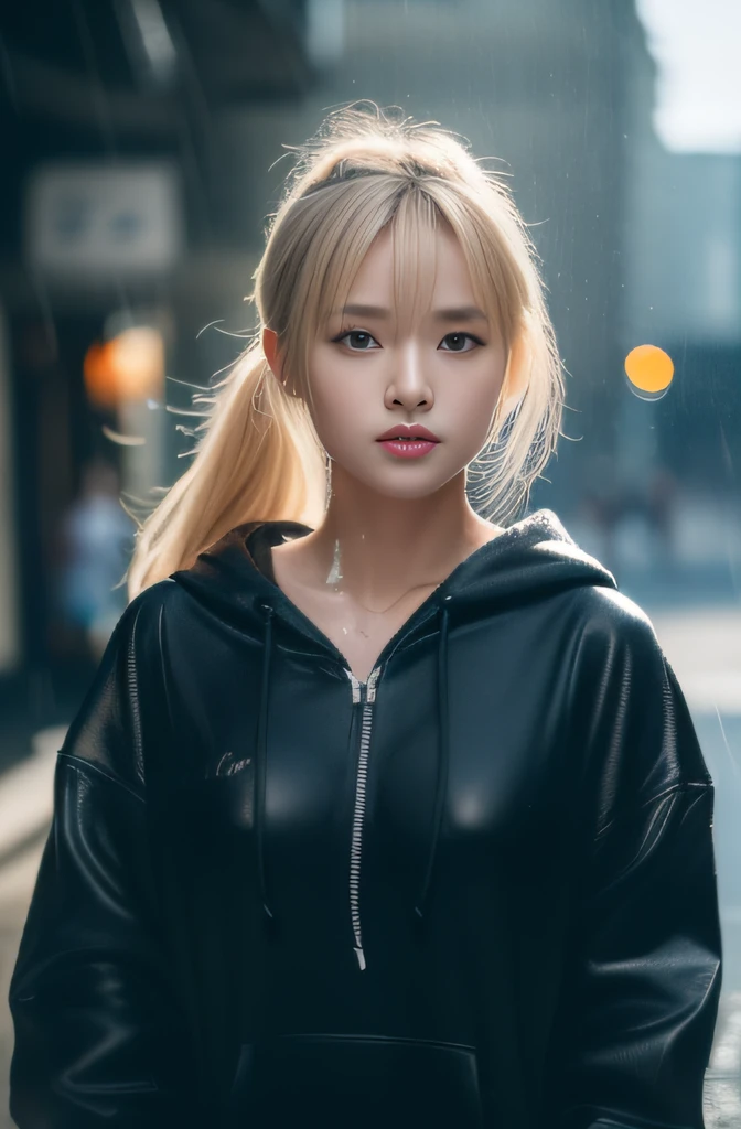 (masterpiece, top-quality:1.3), (Ultra detailed 8K cg:1.2), (hyper realisitic:1.35), (Photorealistic:1.45), (Realistic:1.4), Japanese famous actress, blond hair, Ponytail, Black Gal, flat chest, (gal make:1.4), (Looking at Viewer), Dynamic lighting, (Fancy hoodies), Hot Pants, (mist water), (hard rain:1.2), (downtown),