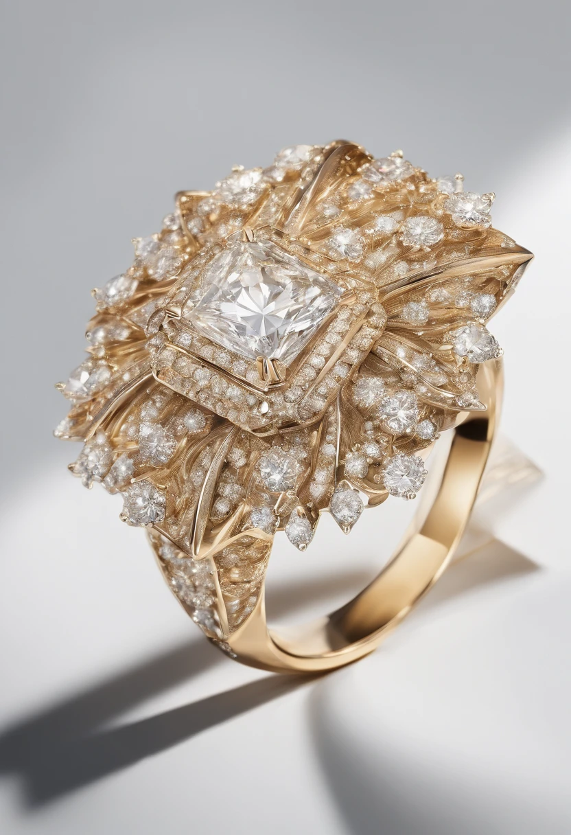 Diamond ring on white background, trompe l'oeil fold, light brown and gold, radiation cluster, theatrical gesture, recycling, by Tooth Wu, contrast