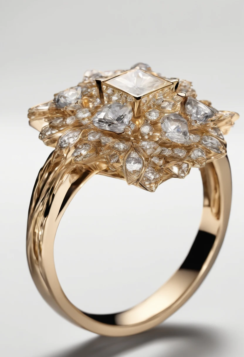 Diamond ring on white background, trompe l'oeil fold, light brown and gold, radiation cluster, theatrical gesture, recycling, by Tooth Wu, contrast