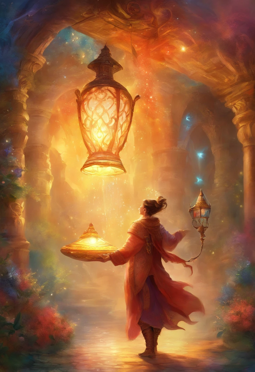 (masterpiece, top quality, best quality, official art, beautiful and aesthetic:1.4, watercolor:1.1), (lamp genie:1.5), blue ethereal mist, charismatic presence, boundless energy, magical chains linking to lamp, (whimsical powers:1.4), bursts of vibrant colors, playful demeanor, world of wishes at his fingertips