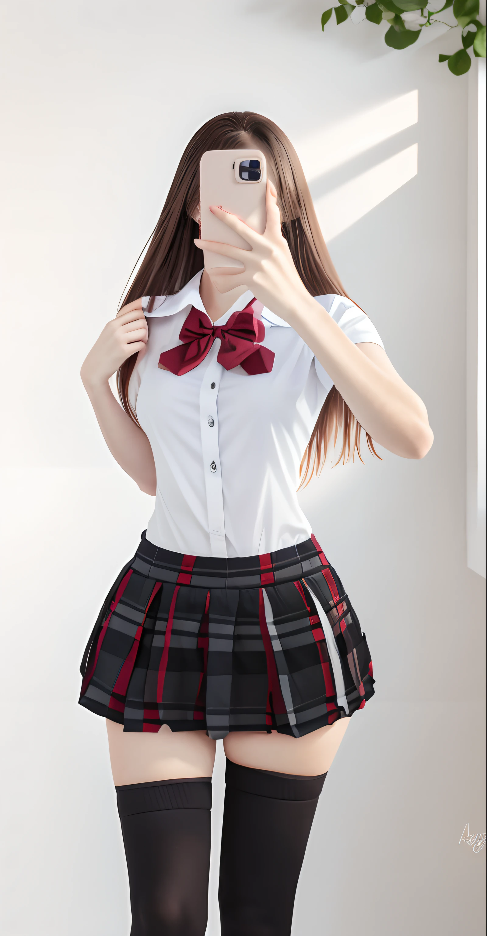 top-quality、masterpiece、1 、A slender、small tits、校服、hyperdetailed face、Detailed eye、二重まぶた、Plaid pleated skirt、knee high socks、full bodyesbian、without background、Beautiful abs、Navel