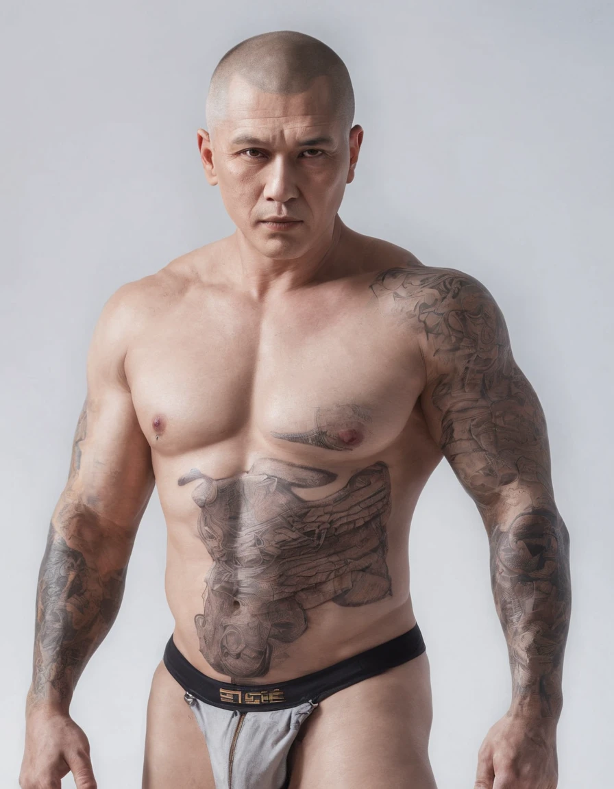 Uncle Shandong, China,male people,he is about 50 years old,Rough and handsome looks,musculature,Oversized muscles,Oversized pectoral muscles,Bare topless,Bare topless,Big waist round,Chest hair,Lay on a beach chair,cyberpunk backgrouns,underwear,Black socks,buzz cut, vred, scowling, Best quality, Masterpiece,(Tattooed with:1.5),(musculous:1.5),(Obese:1.5),(Gray hair:1.5 ),(Gray body hair:1.5),(Skin Wrinkles:1.5),(gloss on the skin:0.5),