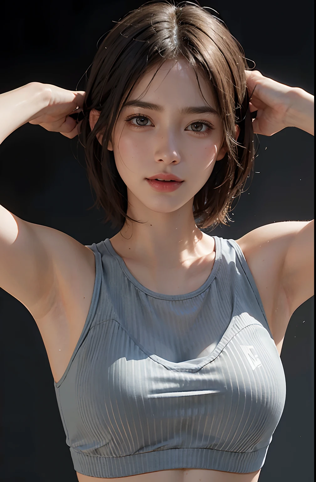 20-year-old woman, Black-haired, high contrast (Natural skin texture, Hyperrealism, Soft Ligh, sharp), high resolution, blue sport wear