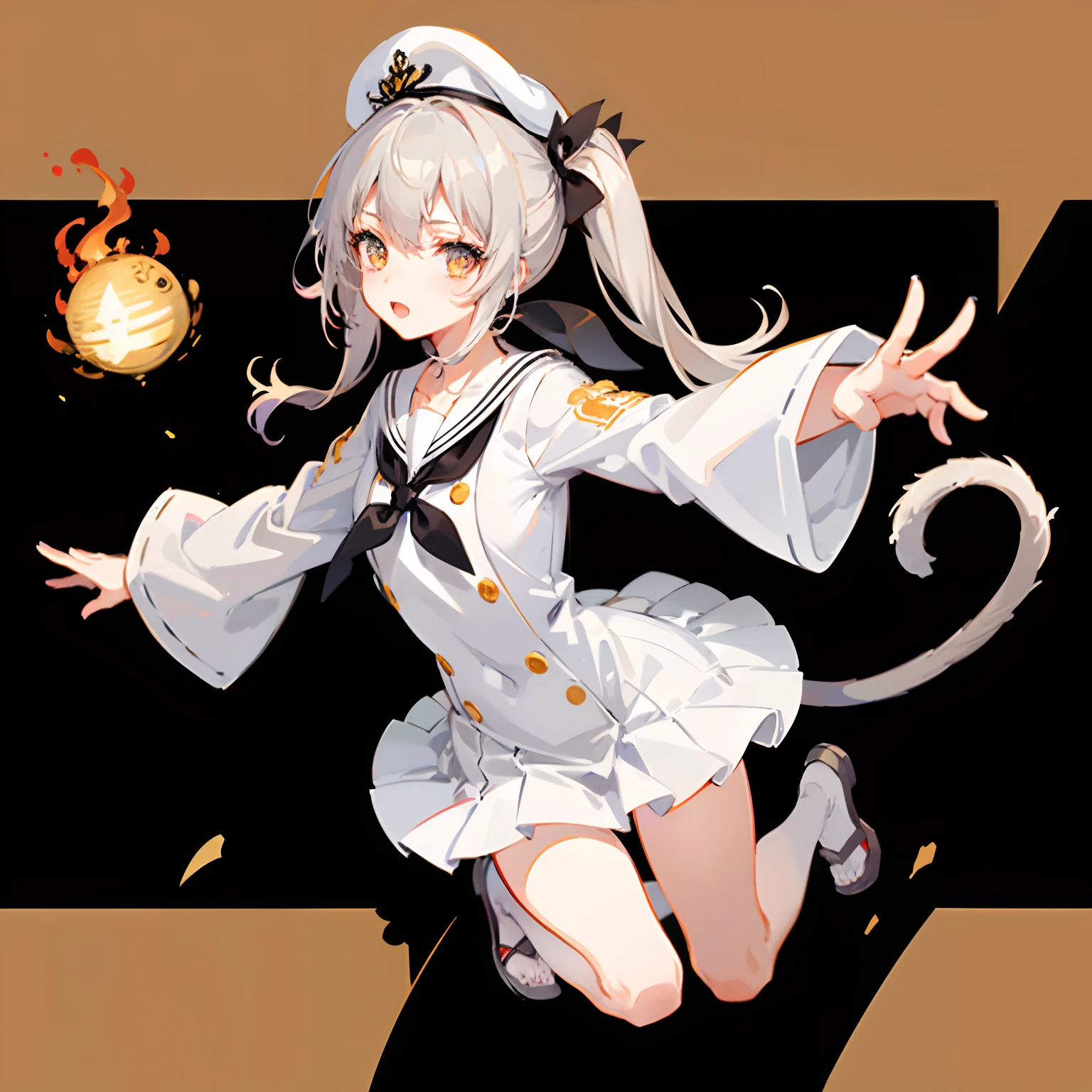 masutepiece, Best Quality, solo, Woman, ((Grey High Twin Tail)), Comic style illustration, flat chest, Golden Eyes, perfect hand, Full 5 fingers, Sailor White Hat, White Marine Look, Black Ribbon Tie, Cat motifs, Dynamic poses