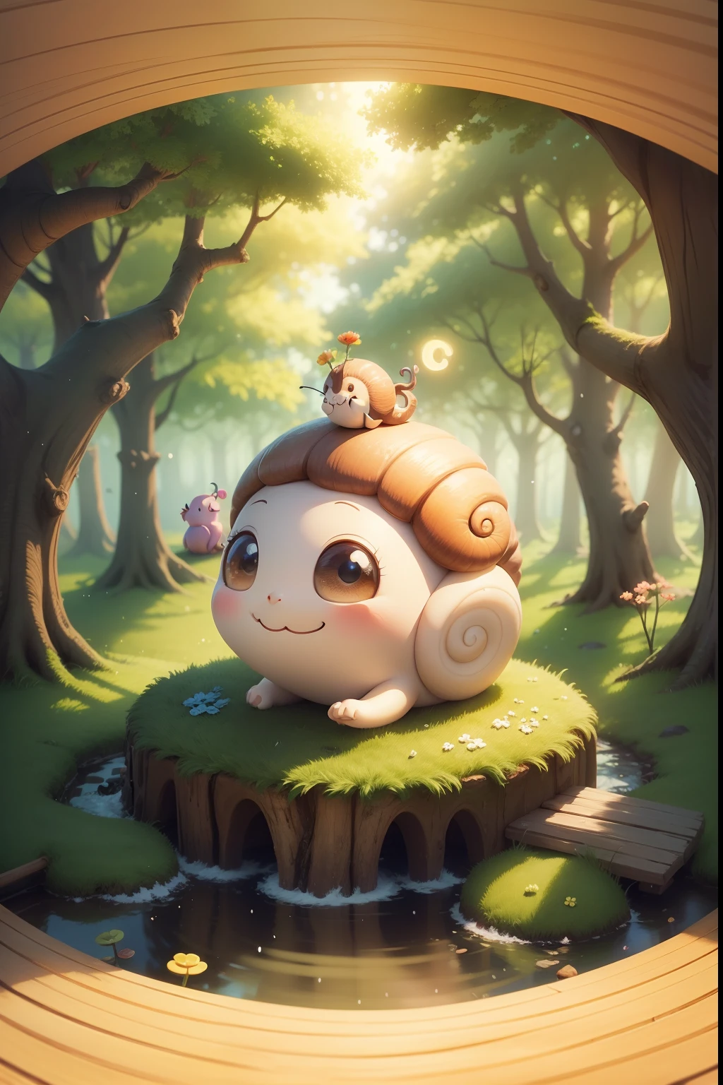 Create a happy snail in an enchanted forest, on a sunny day, children's drawing, high quality