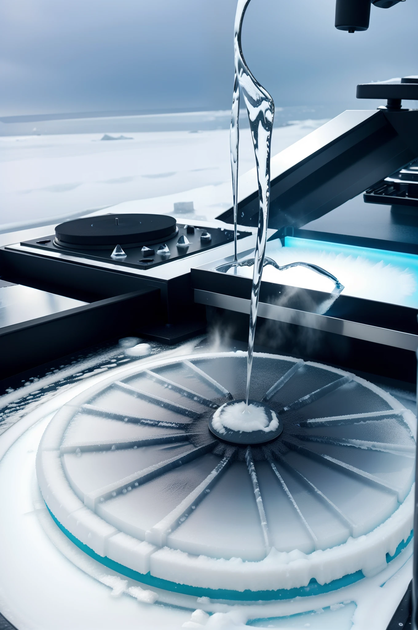 melting ice crystals slamming on DJ deck, causing the turntable's platter to spin and freeze as water wahses over the background high detail,