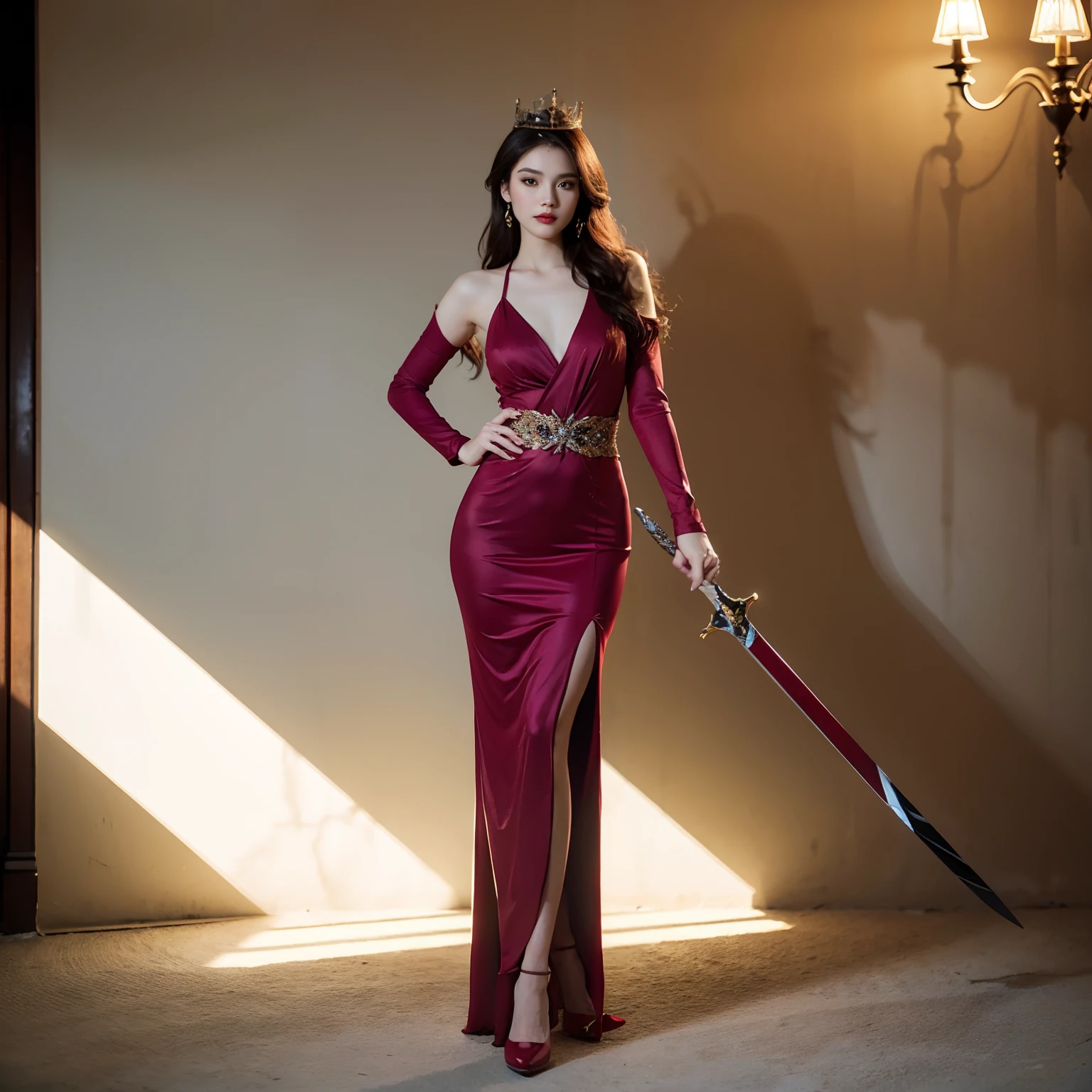 (masterpiece), (best quality), (realistic), ((Queen of Mars)), (Dejah Solis), (audience room), 20 years old, 1girl, heavy costume, regal costume, holding a sword in hand, sharp focus: 1.5, beautiful woman with detailed eyes, double eyelids, long hair, perfect figure: 1.4, perfect proportions, anatomically correct figure, ideal size of bust, waist and hips, Slender body, well-proportioned beautiful breasts, tight squeezed waist, standing, full body, beauty in return, fashion model, portrait shoot, ideal lighting, beautiful hips, best quality, masterpiece, ultra high res, (photorealistic:1.4), RAW photo, red lips, red high heels, face length and neat face、