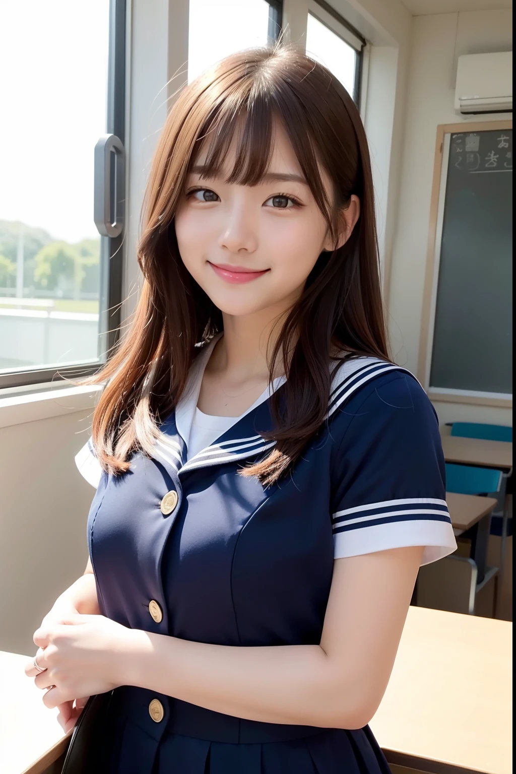 (Face front、Body front、a smile、The upper part of the body、japanes、Small eyes、、cute smile face、a sailor suit)、超A high resolution、A detailed face、女の子 1 人、adultlike face、chalk board、Classroom、by the window、after school、White and navy blue uniform、top-quality、diffuse lighting、Long、Brown hair、bustup、natural soft light、Soft sunlight、Bright photo、portlate