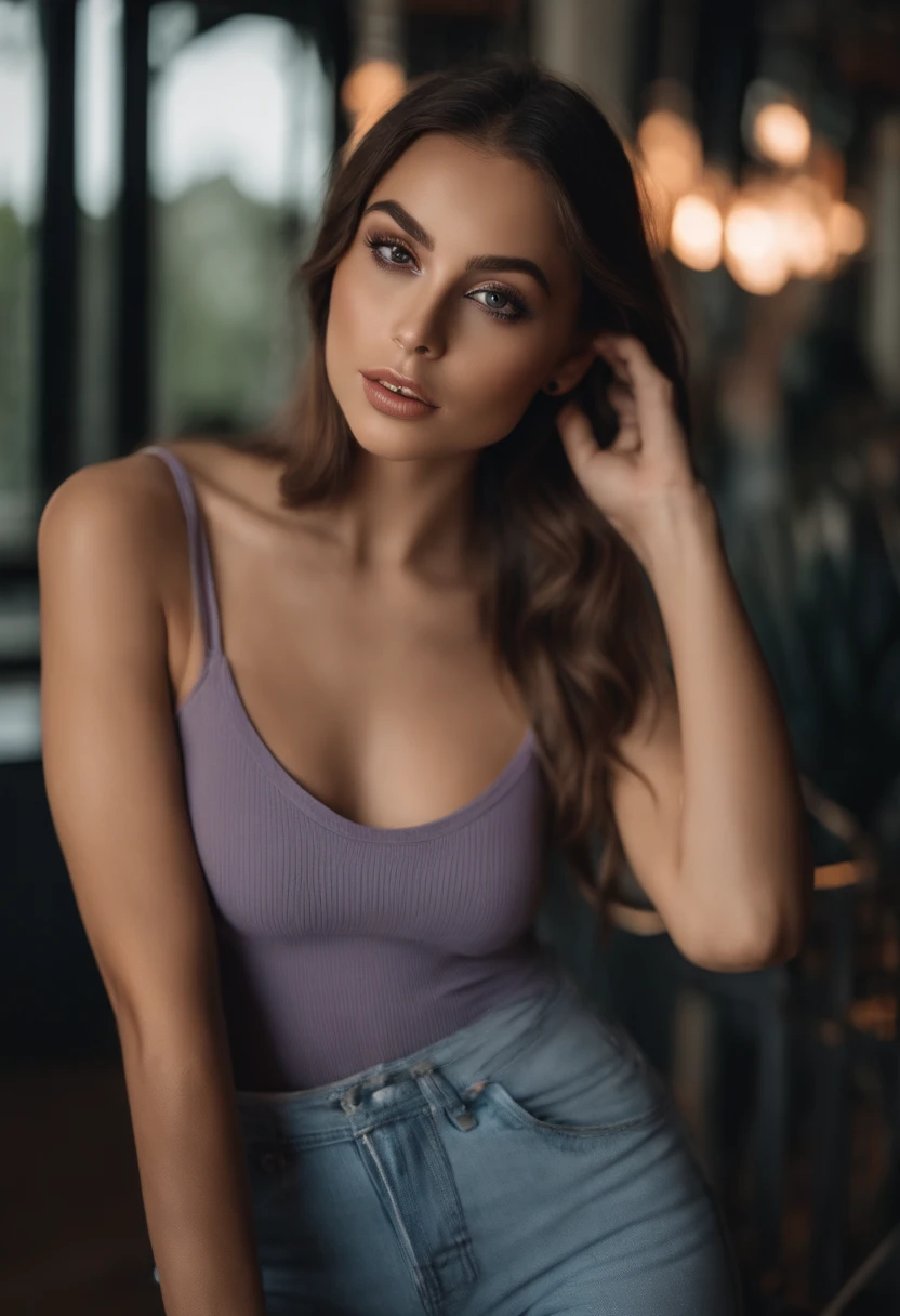 Arafed woman with matching tank top and panties, fille sexy aux yeux bleus, Portrait Sophie Mudd, cheveux bruns et grands yeux, selfie of a young woman, Yeux de chambre, Violet Myers, sans maquillage, maquillage naturel, looking straight at camera, Visage avec Artgram, Maquillage subtil, Superbe photo du corps entier, clivage, au centre commercial