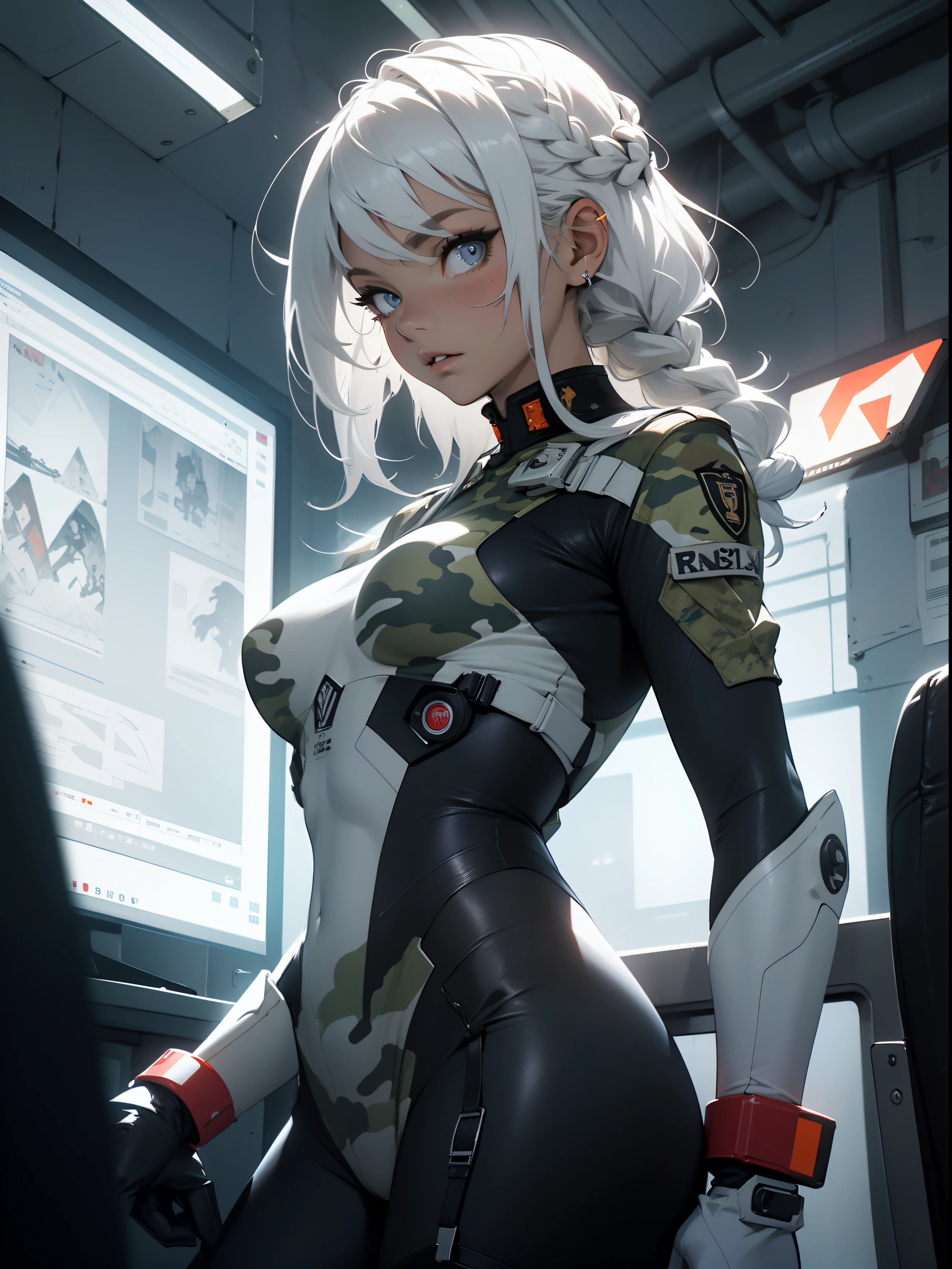 (((Military camouflaged pattern))), ((Best quality)), ((masterpiece)), (detailed: 1.4), (Absurd), paper, colorful line art, perfect face, girl, technological mask with oozy painting of a white skull, graffitti , shiny tanned skin, sweaty, muscular sculptural body defined, (((whole body))), half thick naked thighs, closed mouth, muscular body camouflaged fabric mechanics overalls and silver open to the navel,  generous neckline, ((perfect small breasts)), ((fully camouflaged khaki clothing)), (((ivory hair with moth))), long eyelashes and black heavy makeup, (((niji style --V5)))), close to real, psychopathic, crazy face, sexy pose, technological background giant robot repair station, jaggers, 2 pieces clothing, centralized, scale to fit dimensions, HDR (High Dynamic Range),Ray Tracing,NVIDIA RTX, Super-Resolution,Unreal 5,Subsurface Dispersion, PBR Texture, Post-processing, Anisotropic Filtering, Depth of Field, Maximum Clarity and Sharpness, Multilayer Textures, Albedo and Specular Maps, Surface Shading, Accurate Simulation of Light-Material Interaction, Perfect Proportions, Octane Render, Two-Tone Lighting, Wide Aperture, Low ISO, White Balance, Rule of Thirds, 8K RAW, Crysisnanosuit