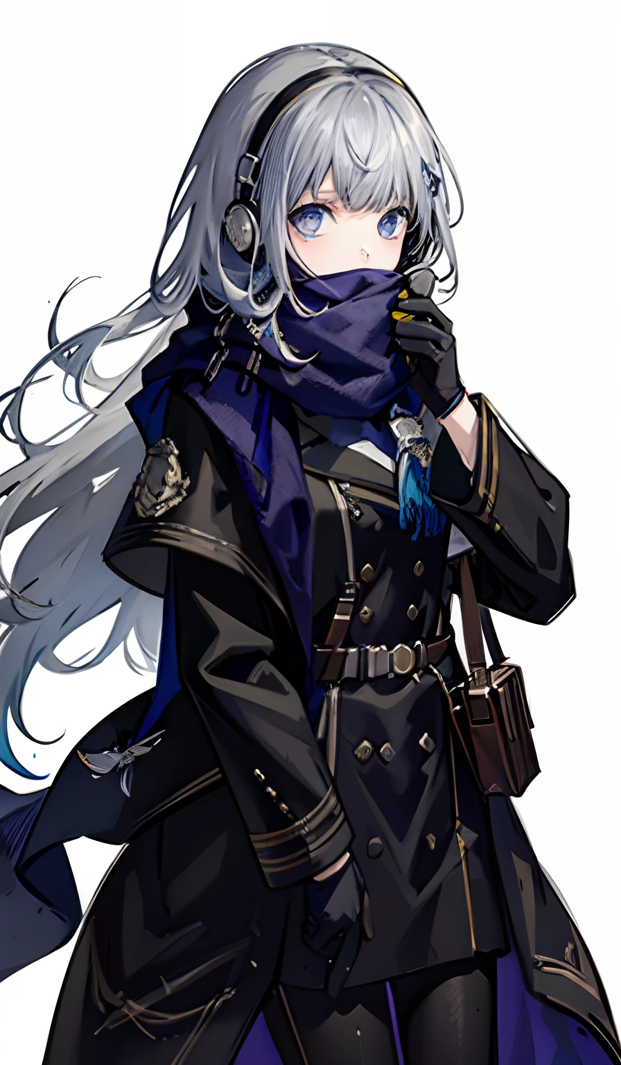 origin,1girll, Solo, Earphone,Fetal position, Blue scarf, Long hair, mitts, Black gloves, Pantyhose, flower, Black coat, view the viewer, Cowboy shot,the street