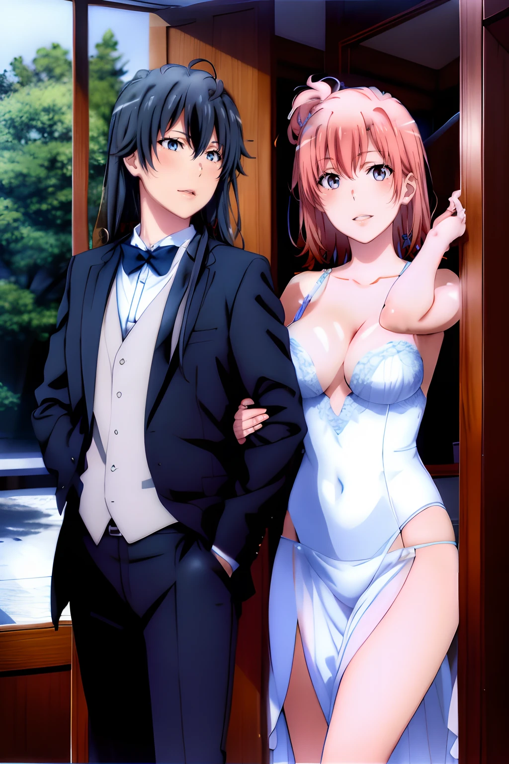 (Best Quality), 2Woman,2girl , yukinoshita yukino, Yuigahama yui , marriage, yukinoshita yukino wears tuxedo , eyes blue, White shirt under the jacket of  , business suit, suit, Tuxedo,,Yuigahama yui wears wedding Dress, yukinoshita yukino holding Yuigahama's Waist, vibrant colours ,natural lighting ,rtx, , A beautiful, (detailed face:1.2), showcase, (perfect eyes:1.1) ,(Realistic Photos:1.1), 8K UHD, Search for scenes, indoors,  background simple