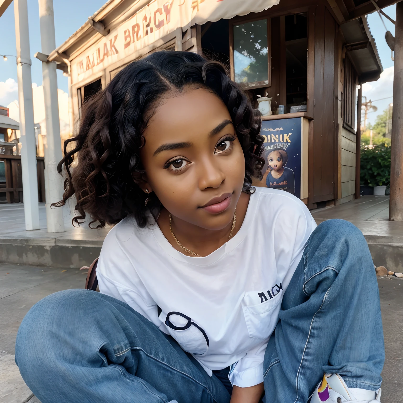 realistic portrait of baby fat girl, handsome African American ((very dark brown skin color)), big eyes, sitting with a book, ((chibi)), ((book)), wearing white shirt, jeans and black shoes, current fashion, curly style hair, dark lighting background, close-up,amusement park, holding book, happy, happy, perfect quality, light focus (clutter - house: 0.8), (masterpiece: 1.2) (Realistic: 1.2) (Bokeh) (Best quality) (Detailed skin: 1.3) (Intricate details) (8K) (Detail Eyes) (Sharp Focus), (Happy)