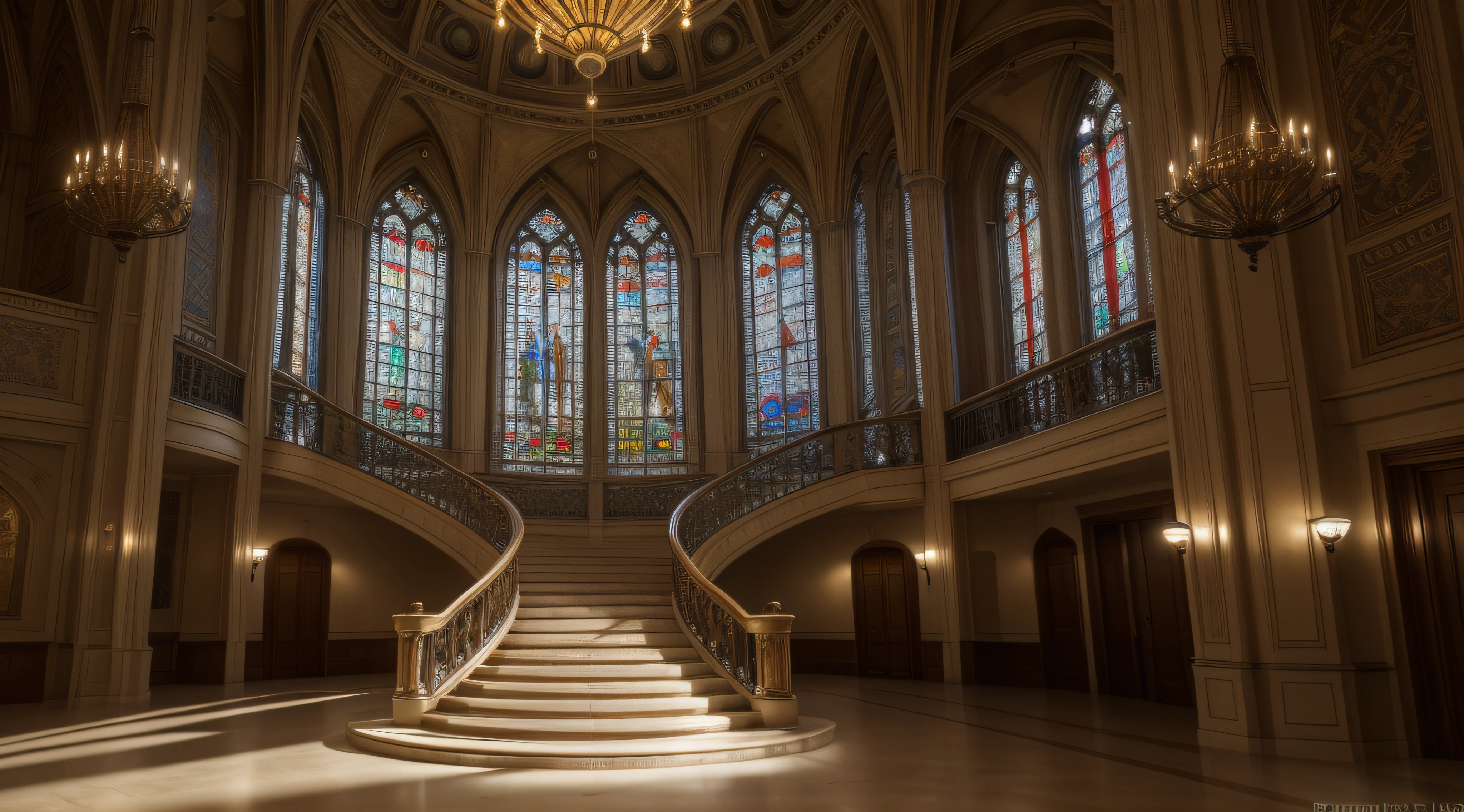 (8k, RAW photo, photorealistic, high quality, amazing details) main lobby of a large platium, with spiral stairs that descend down the sides, beautiful stained glass windows in the windows, large shining chandelier hanging in the center of the ceiling, fairy tale, fantasy,