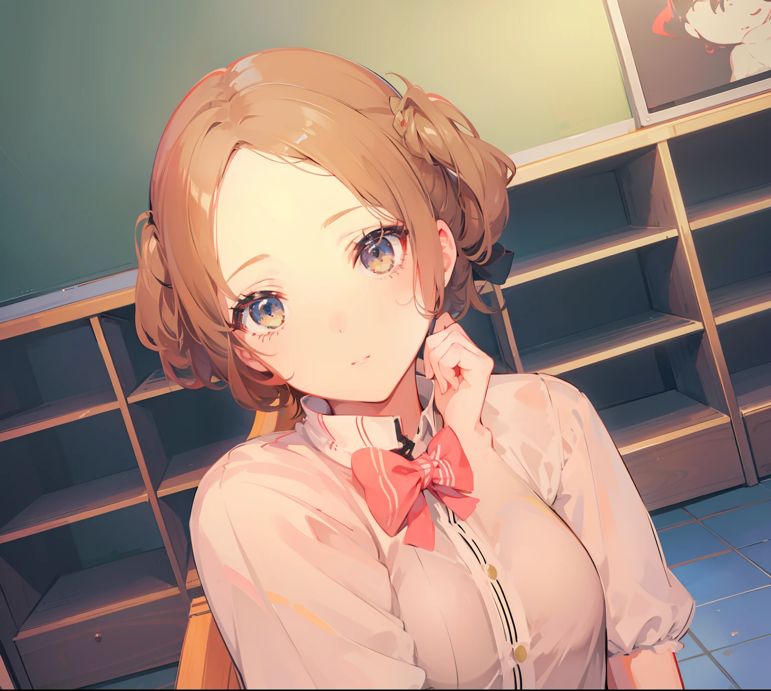 1girl in、​masterpiece、8k、semi - realistic、4k、RTX、Shaders、Brilliant Textured Work　Persona 5 Haru Okumura　‎Classroom　early evening