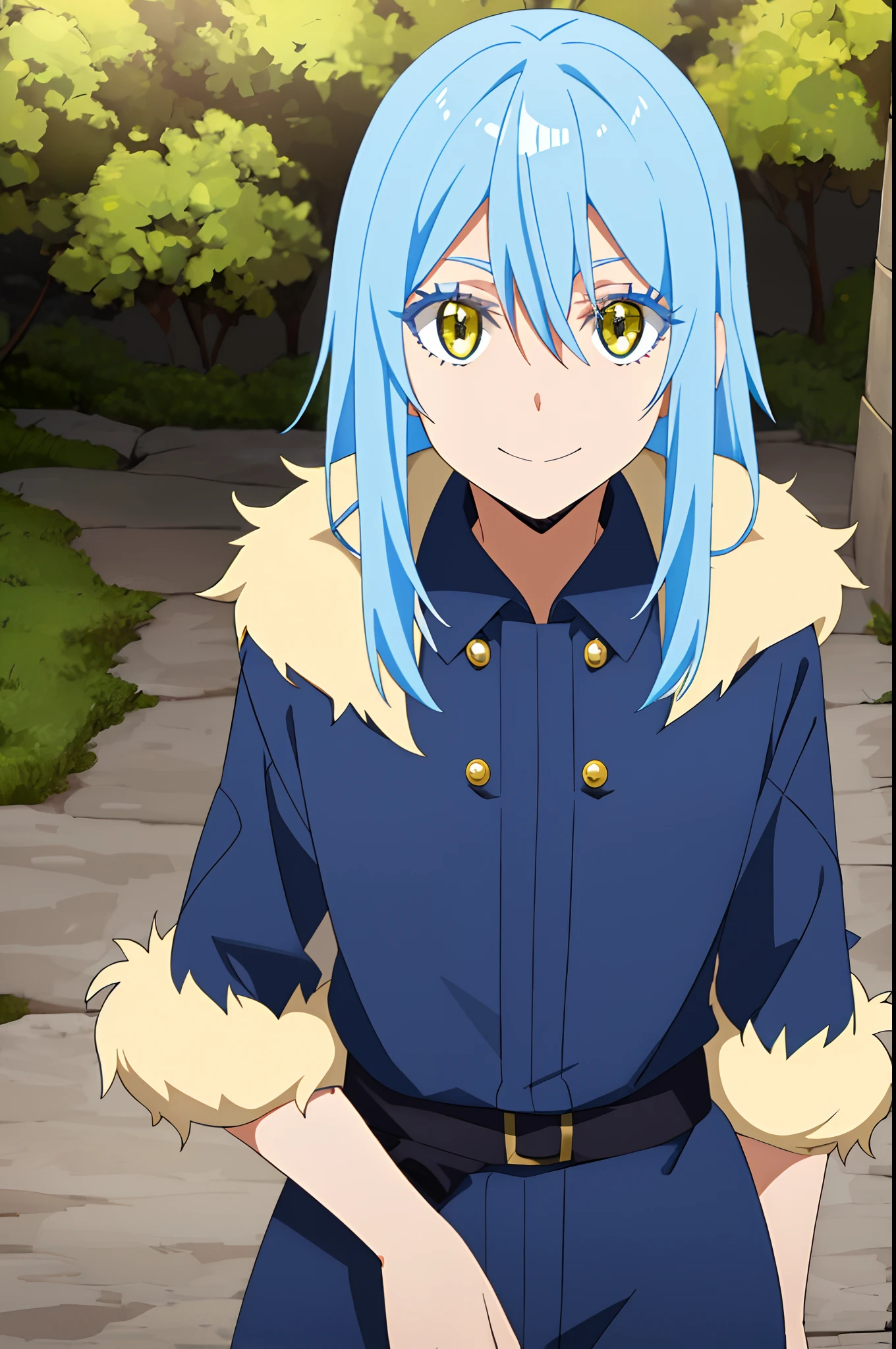 tensura, shirt, yellow eyes, blue hair, smile, long hair, 1other, hair between eyes, looking at viewer, bangs, solo, fur trim, closed mouth, androgynous, outdoors, colored eyelashes, shiny hair, ((masterpiece))