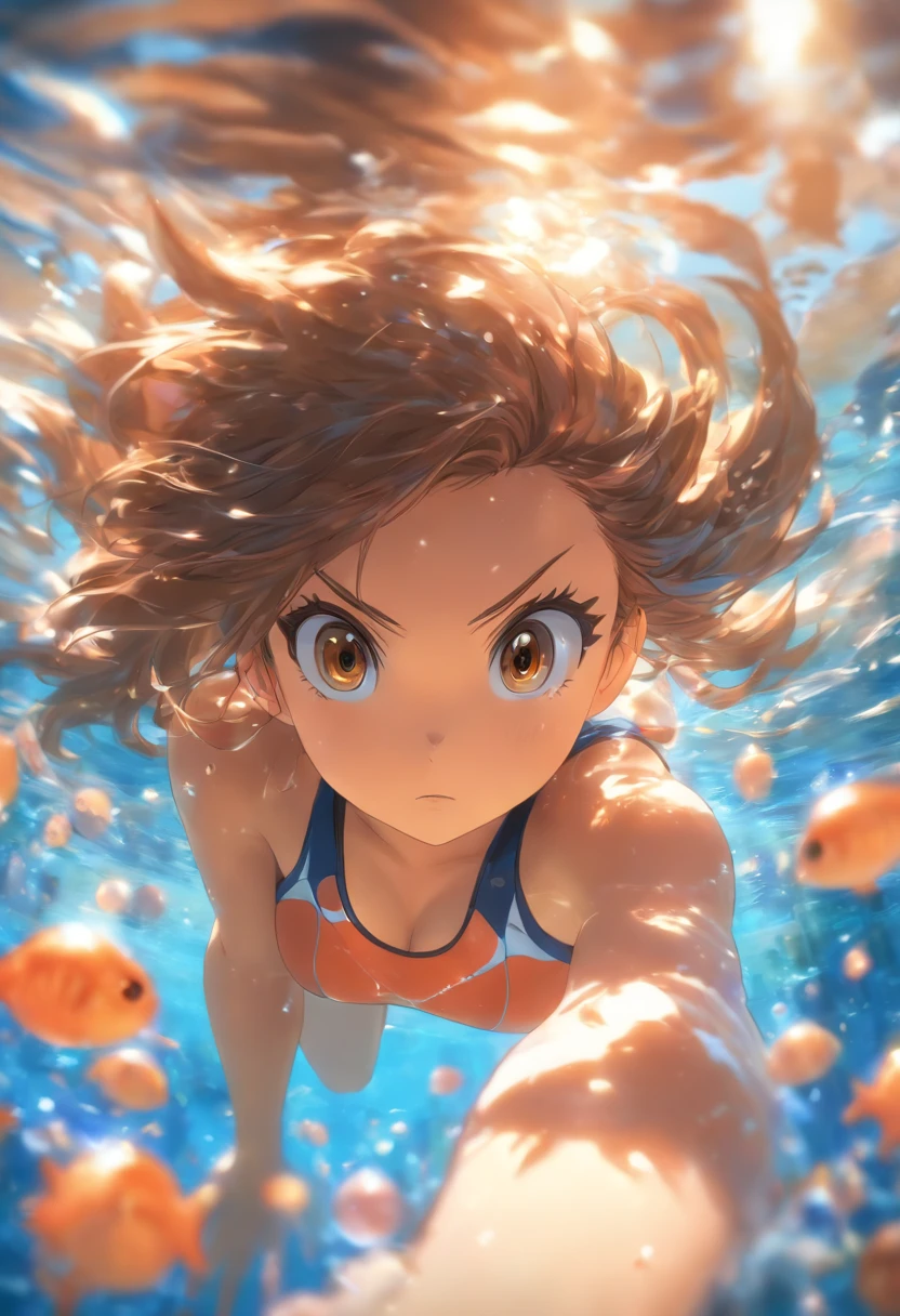 foreshortening, Depth of field, Masterpiece, Best quality, 1girll, Brown hair, Brown eyes, Long hair, Underwater, airbubble, Solo, view the viewer, School swim wear, Swimming, Dappled sunlight,