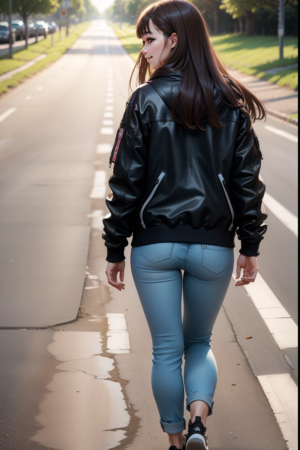 Masterpiece, Best quality, On a country road, back, Girl, Solo, Female, Long hair, brown hair, Straight hair, bangs, Light smile, Black eyes, Jacket, Skate shoes , Looking back, Walking, day,