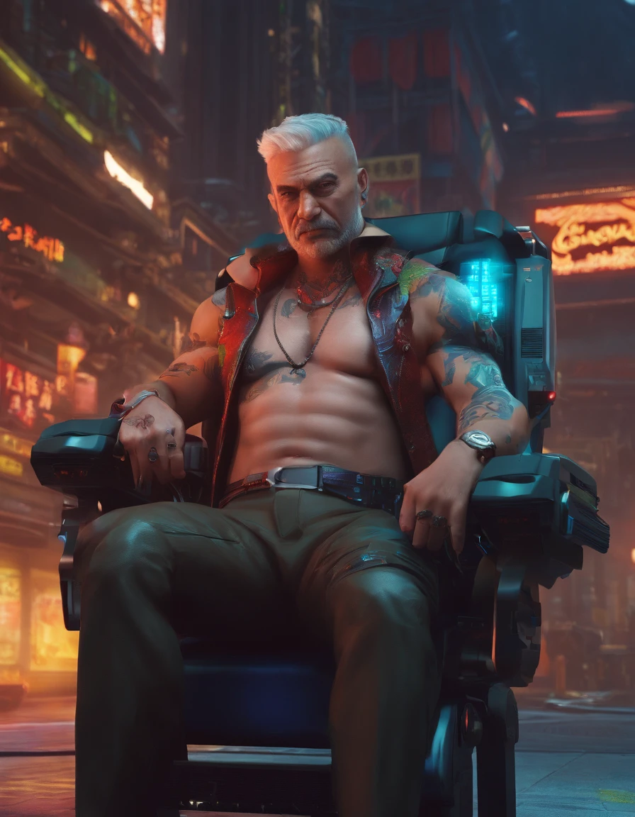 Uncle Shandong, China,male people,he is about 50 years old,Rough and handsome looks,musculature,Oversized muscles,Oversized pectoral muscles,Bare topless,Bare topless,Big waist round,Chest hair,Lay on a beach chair,cyberpunk backgrouns,underwear,Black socks,buzz cut, vred, scowling, Best quality, Masterpiece,(Tattooed with:1.5),(musculous:1.5),(Obese:1.5),(Gray hair:1.5 ),(Gray body hair:1.5),(Skin Wrinkles:1.5),(gloss on the skin:0.5),