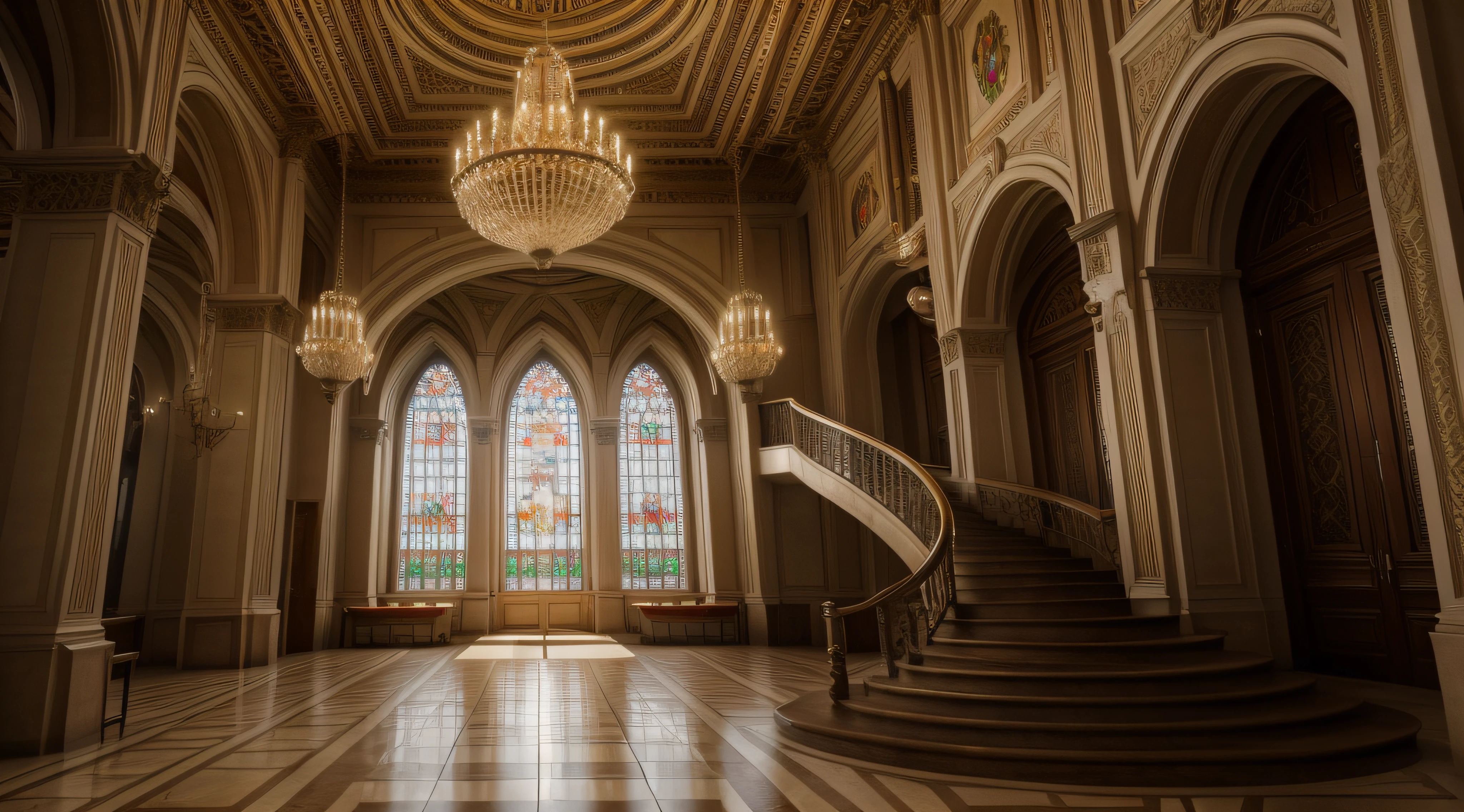 (8k, RAW photo, photorealistic, high quality, amazing details) main lobby of a large platium, with spiral stairs that descend down the sides, beautiful stained glass windows in the windows, large shining chandelier hanging in the center of the ceiling, fairy tale, fantasy,