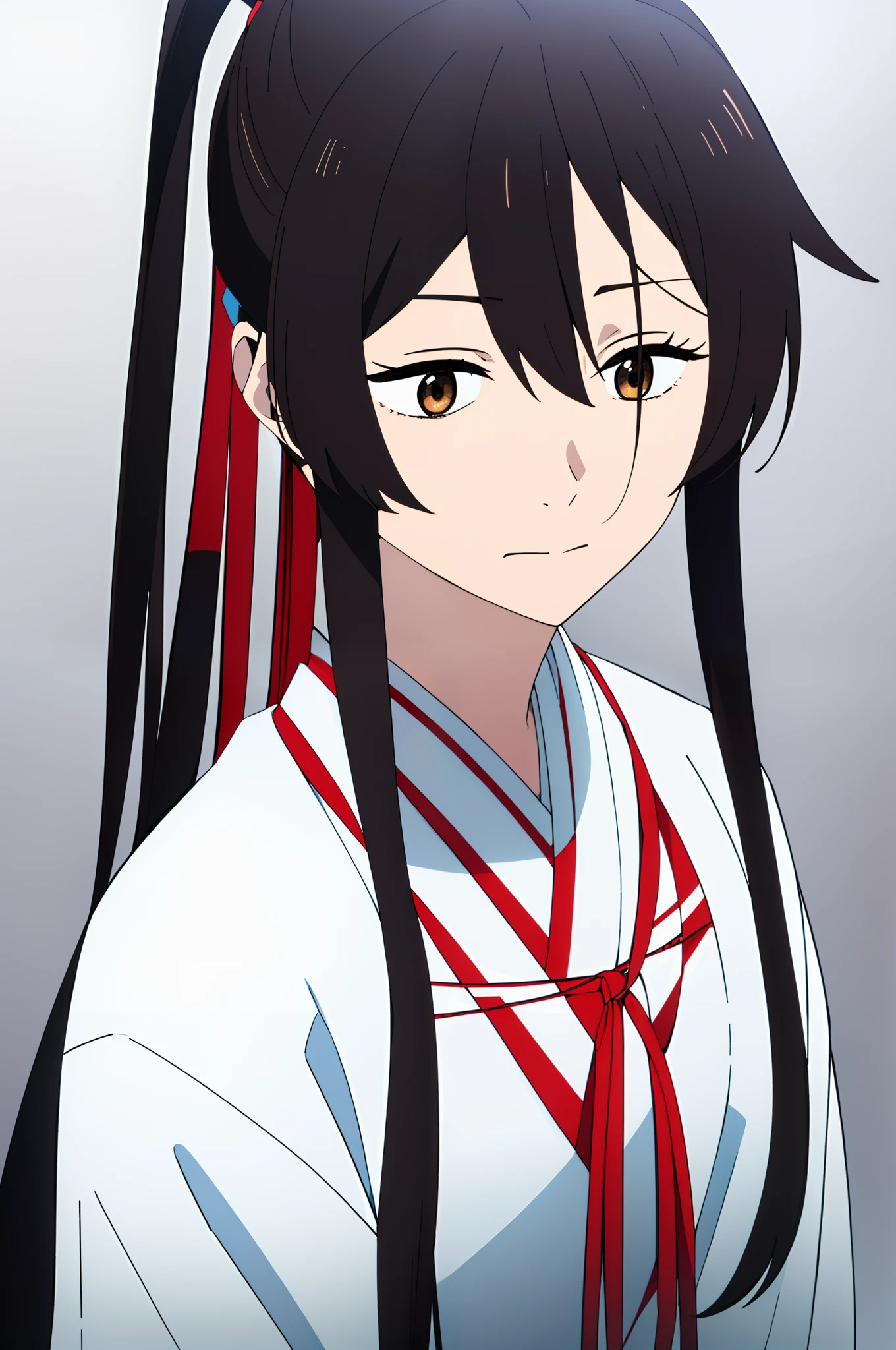 (masterpiece), (best quality), asaemon_sagiri, 1girl, solo, long_hair, looking_at_viewer, black_hair, hair_between_eyes, brown_eyes, closed_mouth, upper_body, ponytail, sidelocks, japanese_clothes, kimono, high_ponytail, white_kimono, black haori, grey background