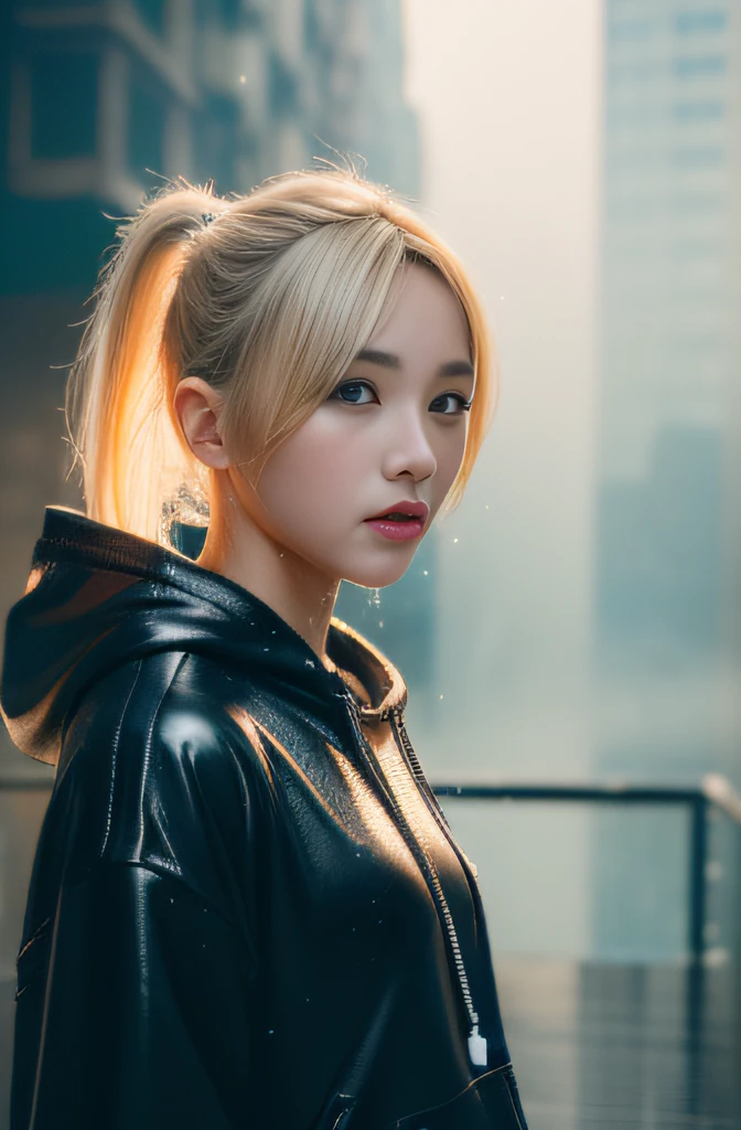 (masterpiece, top-quality:1.3), (Ultra detailed 8K cg:1.2), (hyper realisitic:1.35), (Photorealistic:1.45), (Realistic:1.4), Japanese famous actress, blond hair, Ponytail, Black Gal, flat chest, (gal make:1.4), (Looking at Viewer), Dynamic lighting, (Fancy hoodies), Hot Pants, (mist water), (hard rain:1.2), (downtown), (wet),