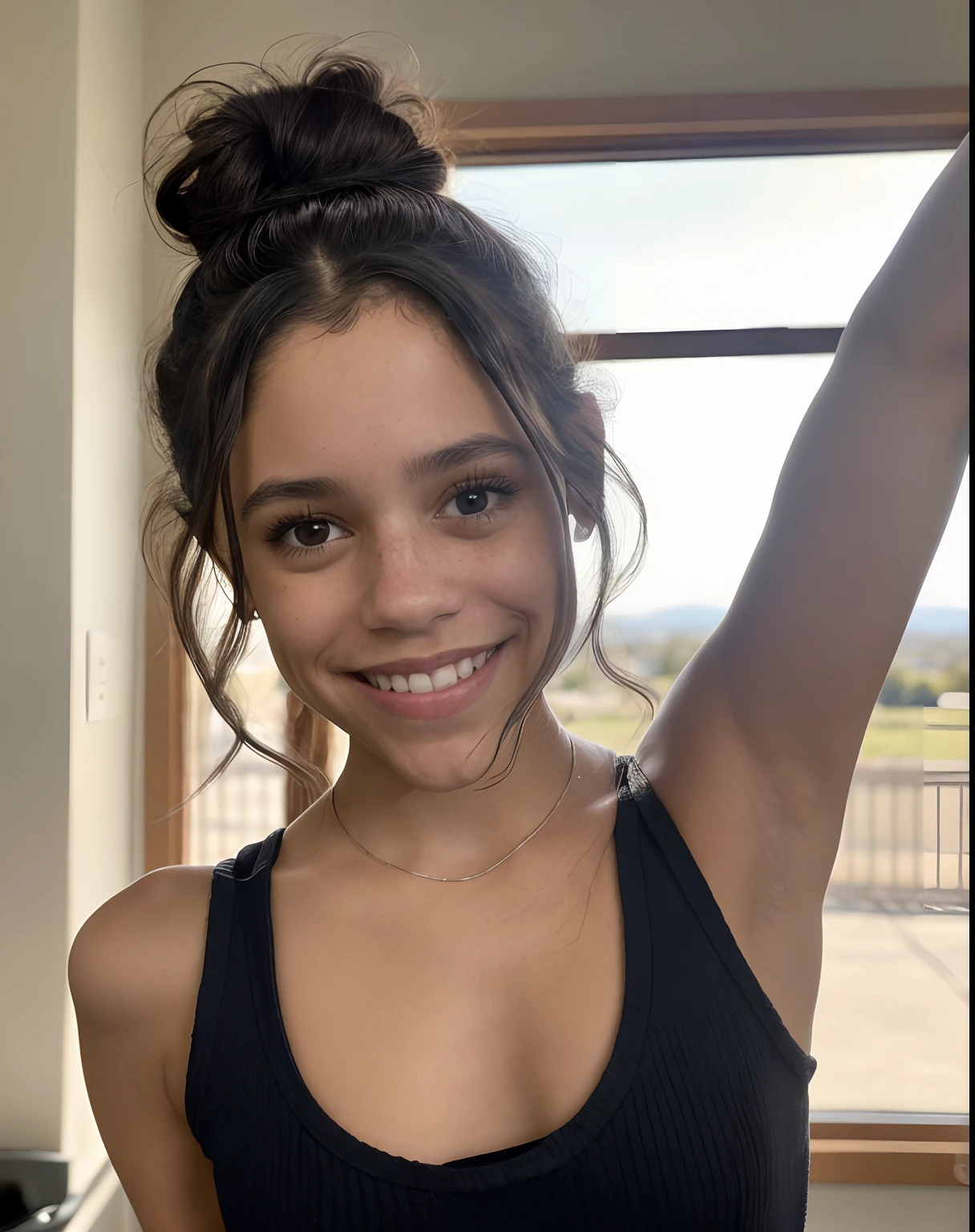 portrait of jortega looking at viewer, tying hair into a bun, showing armpits, smiling, wearing black top, bending over, masterpiece, extremely detailed skin, photorealistic, heavy shadow, dramatic and cinematic lighting, key light, fill light