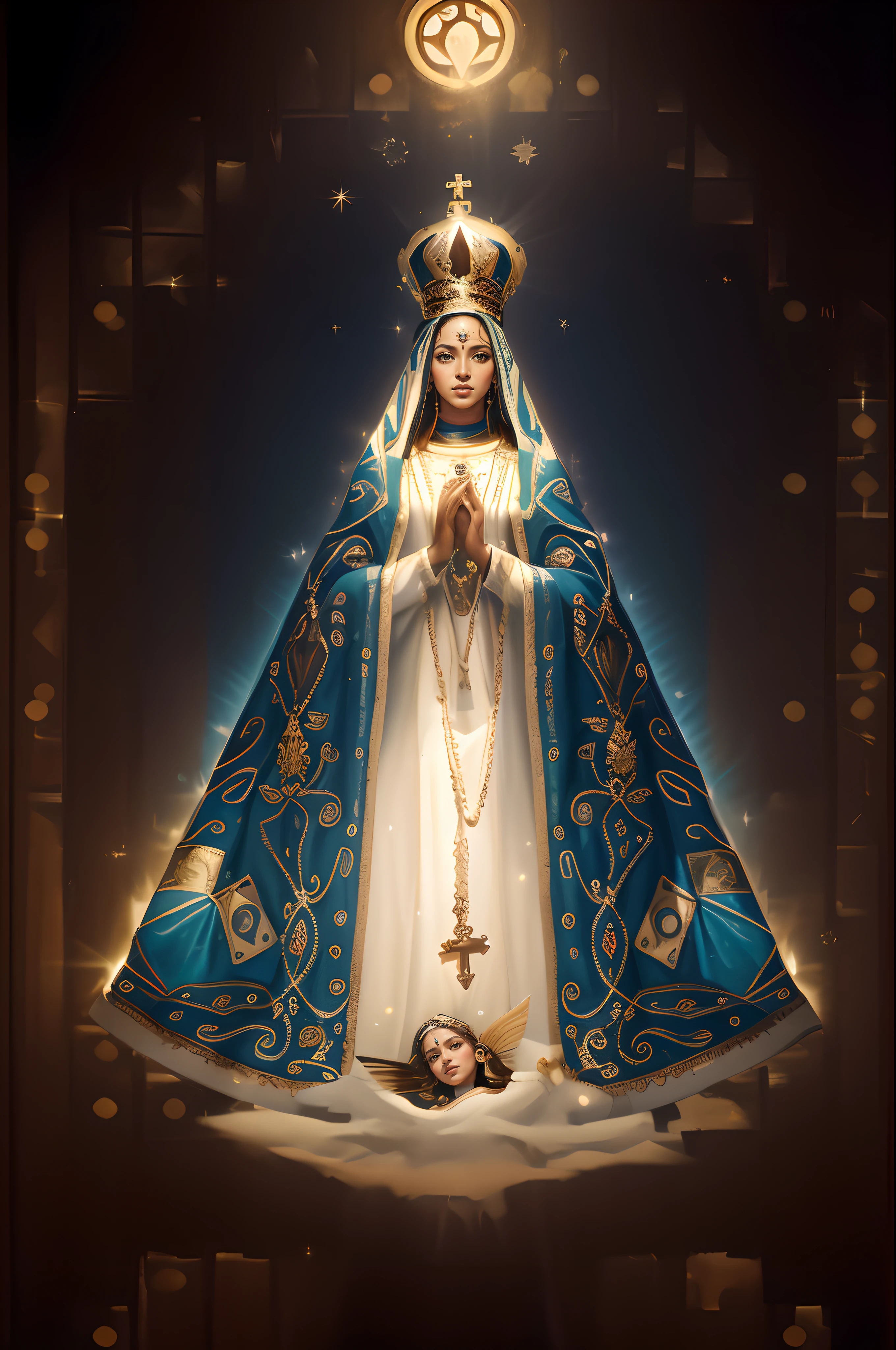 Uma pintura da Virgem de Guadalupe, queen of heaven, padroeiro do 🛸🌈👩🏾, jayson tatum as mother mary, majestosa mulher de santo, Virgem Maria, catholic icon, Catholic, santa mulher, Holy, imagem do avatar, Directed by: Derek Zabrocki, roman catholic icon, Iconografia religiosa, beyonce as the pope, Directed by: Nikita Veprikov, religión