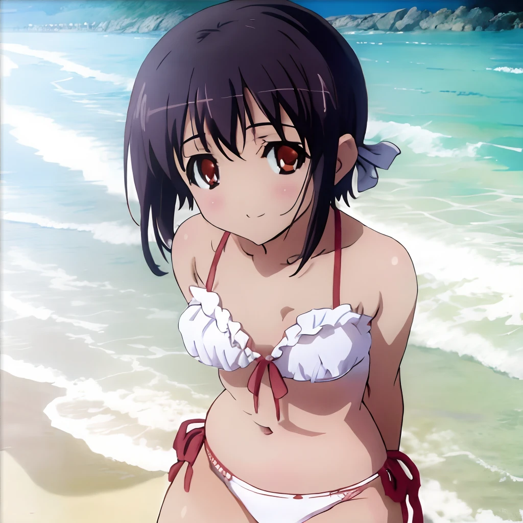tomomi_saikyou, short hair, white lingerie, beach masterpiece, best quality