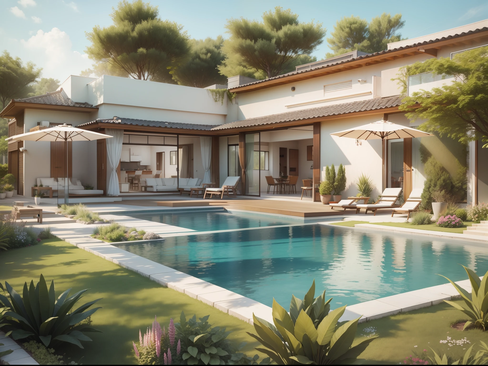 Modern single storey superior villa , Pool, trpical garden, and the sun was shining brightly, the detail, 4K, k hd, high high quality.