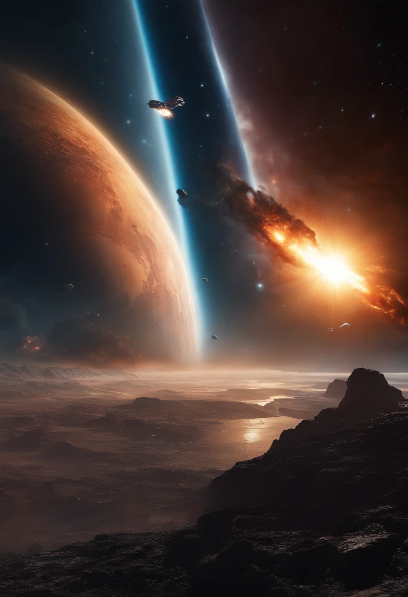(best quality,4K,8K,highres,masterpiece:1.2),ultra-detailed,(realistic,photorealistic,photo-realistic:1.37),nebula,interstellar fleet,many ships in confrontation,attacking each other,ships exploding,advanced technological weapons and equipment,interstellar spacecraft,battle,cosmic landscape,dark matter,interstellar conflict,colorful explosions,futuristic,sci-fi,intense lighting,starry sky